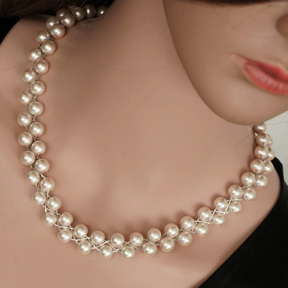 Double Strand Woven Faux Pearl Necklace Silver Tone Cream Beaded Statement Clasp